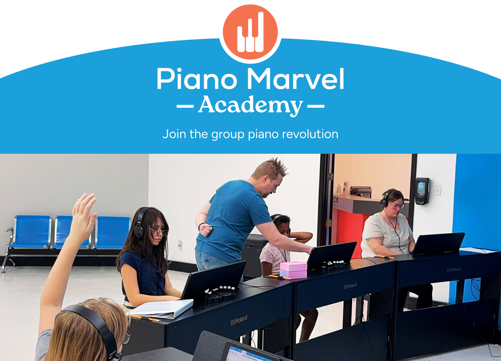 Ad Set (11 x 8.5 in) (3) Group piano class in session at Piano Marvel Academy, with students of all ages learning on digital keyboards in Lubbock, TX