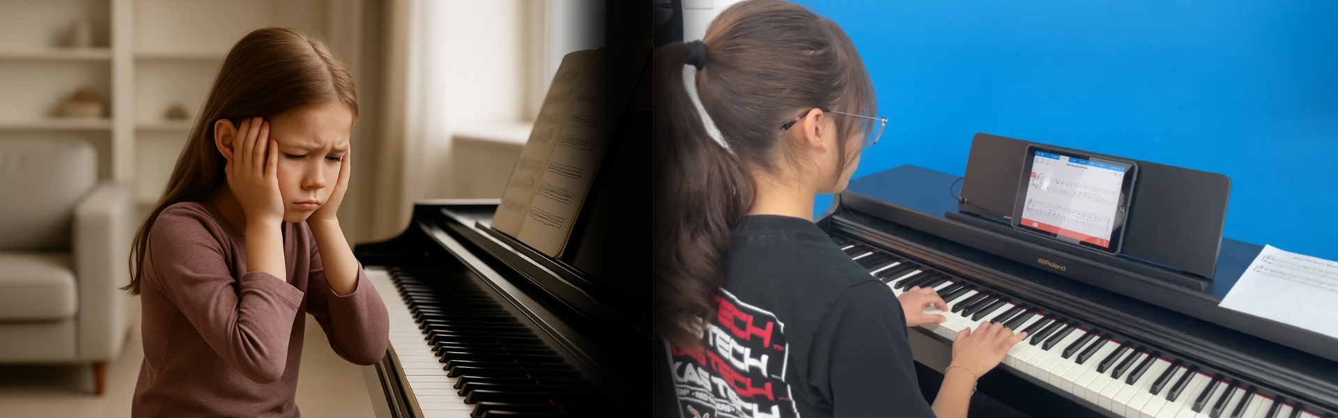 proactive-vs-reactive-piano-instruction-comparison.png Frustrated child at piano using traditional sheet music next to happy student using Piano Marvel software on digital piano.