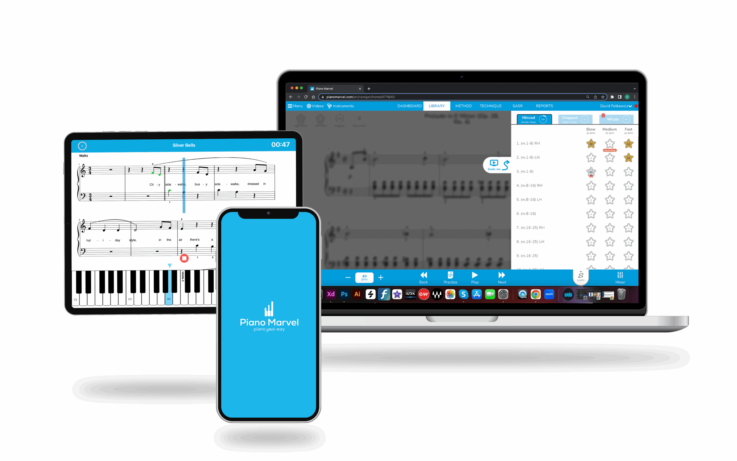 piano-marvel-app-demo.png Piano Marvel software on tablet, phone, and laptop showing interactive feedback and student progress tracking