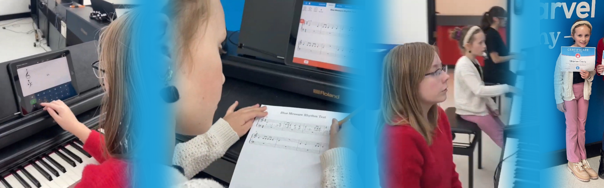 Blog Post Headers A horizontal collage shows a young piano student progressing through various stages of learning: identifying notes on a tablet, completing a rhythm worksheet, focusing during a lesson, playing on a digital piano, and finally smiling while holding a certificate. The images are blended with blue gradients, symbolizing the journey from learning to achievement.