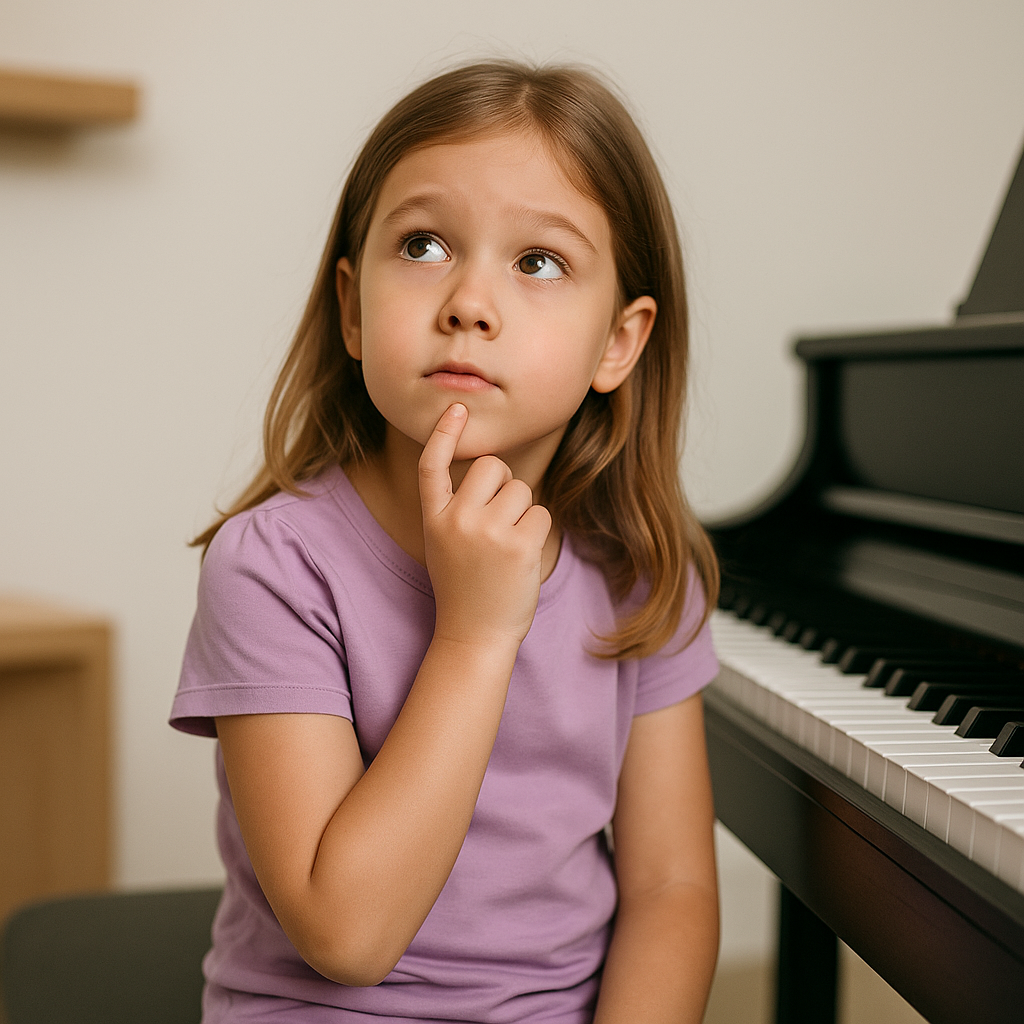 Thoughtful girl at piano Young girl sitting at a piano, looking up thoughtfully with her finger on her cheek, appearing deep in thought.