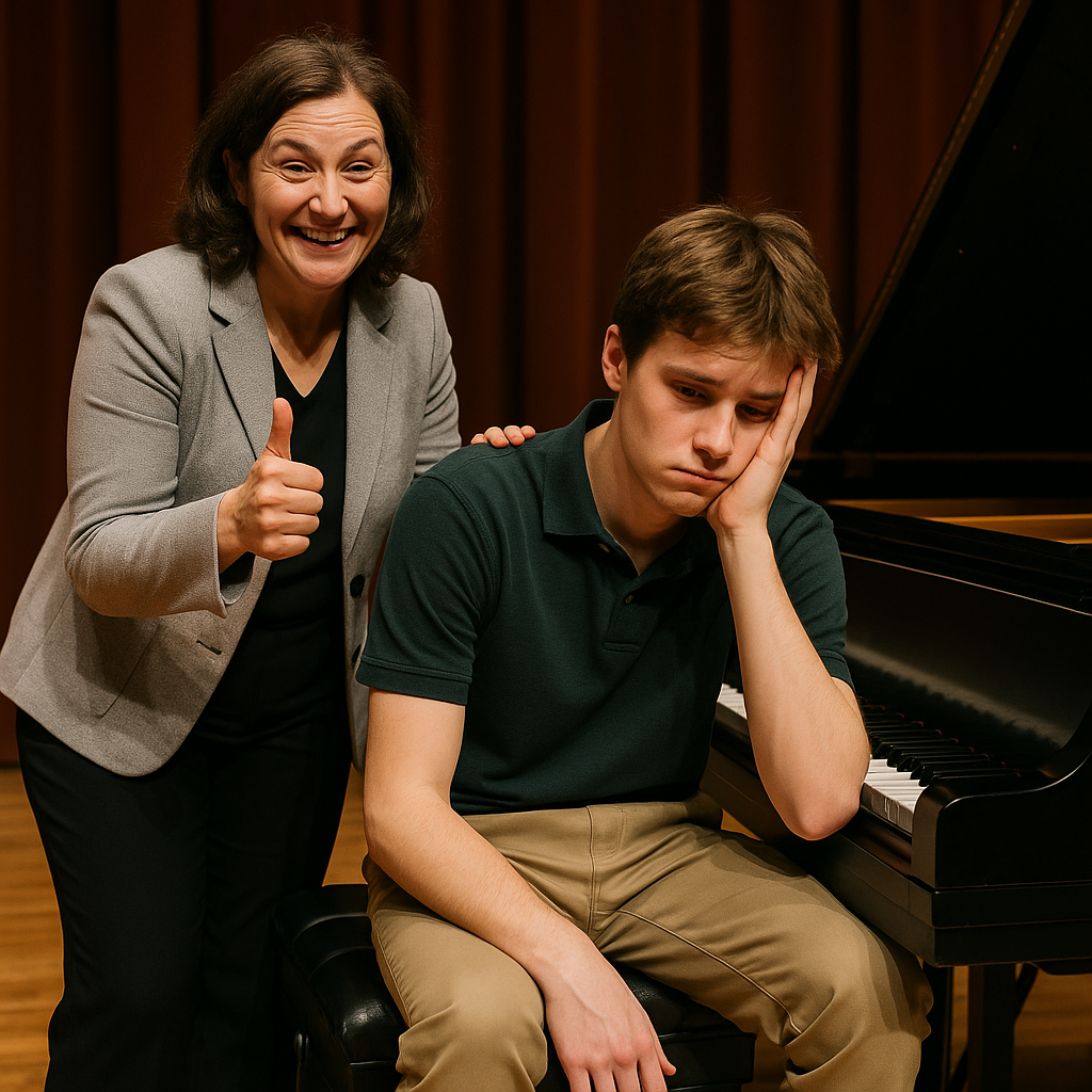 Burned out student A proud, smiling piano teacher gives a thumbs-up on stage while standing beside a tired and frustrated-looking teenage student seated at a grand piano. The student rests his head on one hand, looking burned out, while the teacher beams with enthusiasm. Rich red stage curtains and warm lighting frame the background.