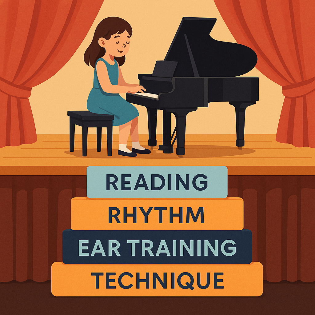 Building Blocks A cheerful illustrated girl in a turquoise dress plays a grand piano on stage, smiling as she performs. She stands atop four large colorful building blocks labeled “TECHNIQUE,” “EAR TRAINING,” “RHYTHM,” and “READING,” symbolizing the foundational skills that support strong musical performance. Red stage curtains and a wooden floor complete the recital setting.