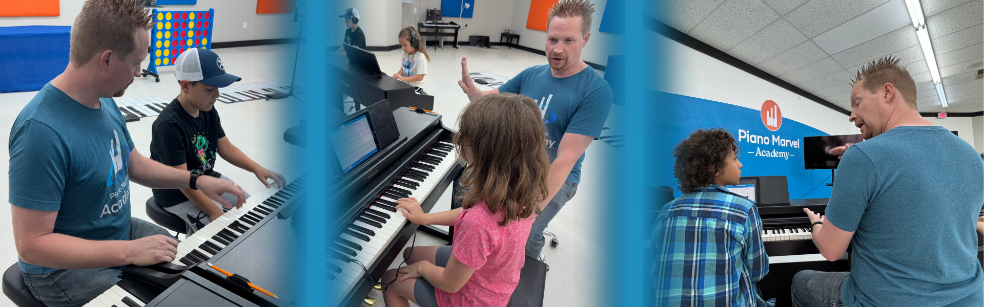 Individual Assessment Collage Collage of three scenes showing a piano teacher giving individual guidance to different students during group piano classes at Piano Marvel Academy, highlighting personalized instruction within a collaborative environment.