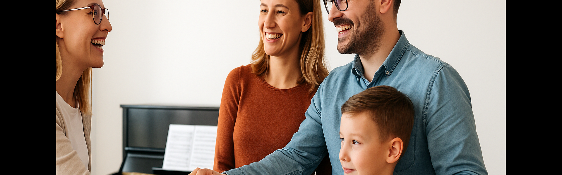 A smiling piano teacher warmly greets a family in a piano studio. The parents shake hands with the teacher while their young child stands nearby, looking excited but slightly shy. A piano is visible in the background.