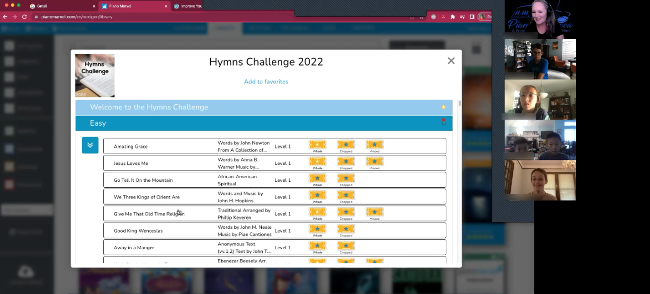 Screenshot 2025-08-01 at 4.06.22 PM A teacher and six students participate in a virtual piano class on Zoom while viewing the “Hymns Challenge 2022” interface in the Piano Marvel app. The screen displays a list of beginner-level hymns such as “Amazing Grace” and “Jesus Loves Me.”