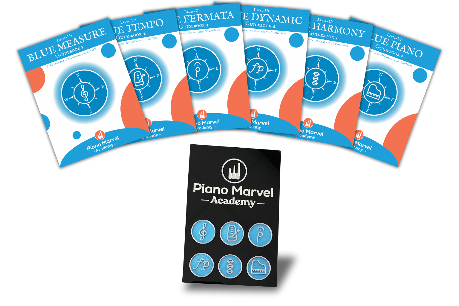 Piano Marvel Academy piano method books displayed alongside a Level-Up achievement medallion plaque